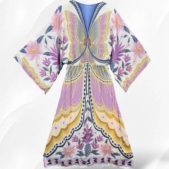 Farm Rio Butterfly Floral Print Kimono Sleeve Dress Bohemian Style - Picture 6 of 10